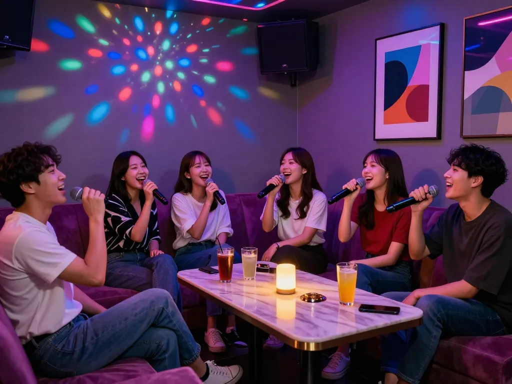 친구들과 함께 부평쓰리노 노래방에서 즐거운 밤을 보내며 활기찬 분위기를 만끽하는 모습.