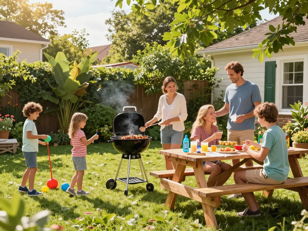 Family using Best Mosquito Repellent during summer barbecue in a vibrant outdoor setting.