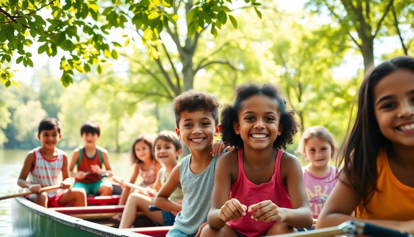 Children enjoying activities at illinois summer camps by a sparkling lake surrounded by nature.