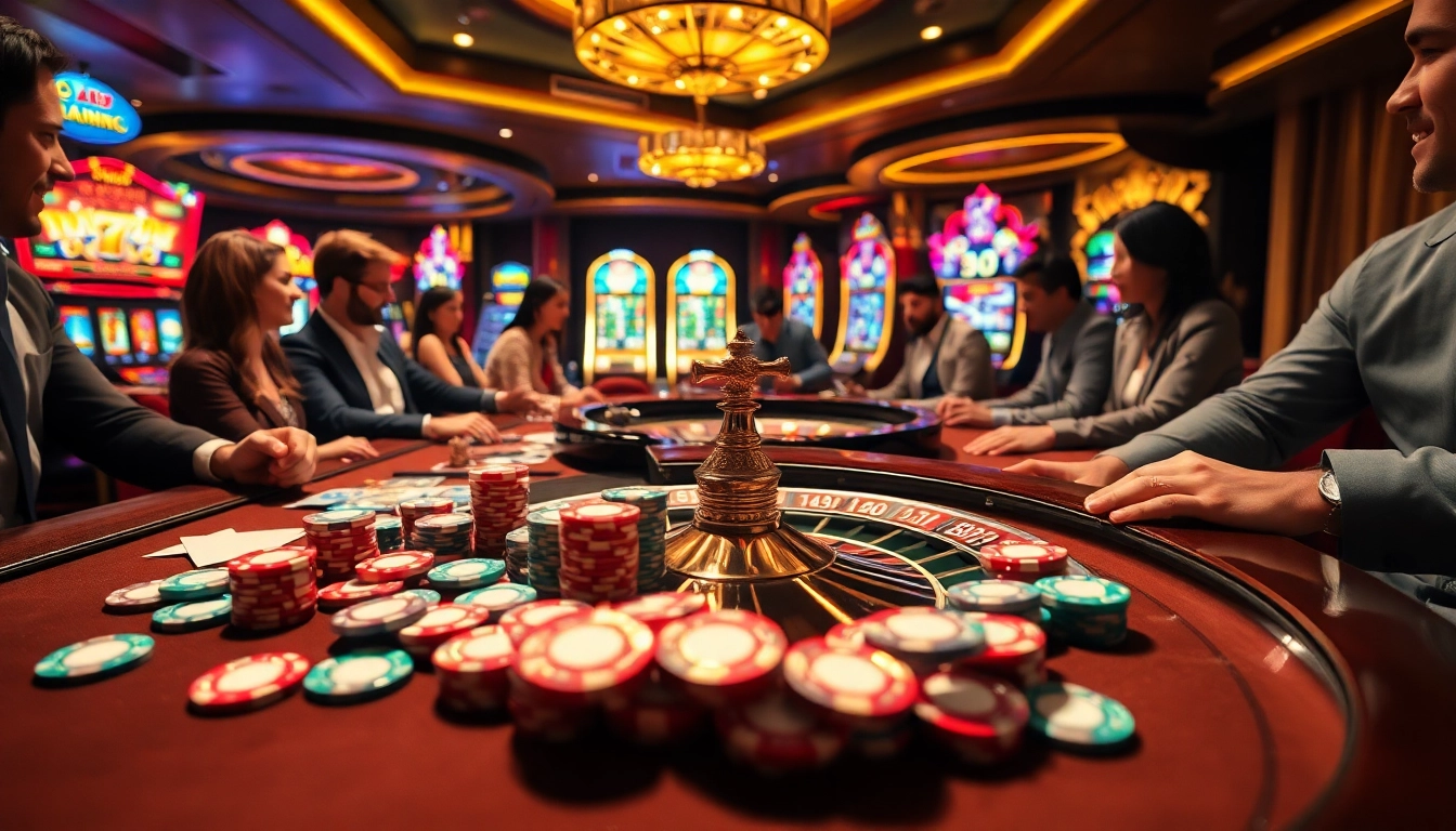 Experience the thrill at nhà cái 8XX with engaging gambling scenes showcasing poker chips and roulette tables.