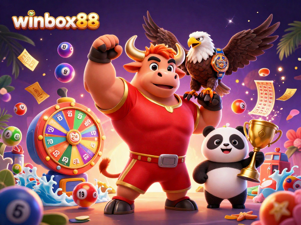 Winbox88 showcases an exciting celebration with vibrant lottery elements and a cheerful atmosphere.