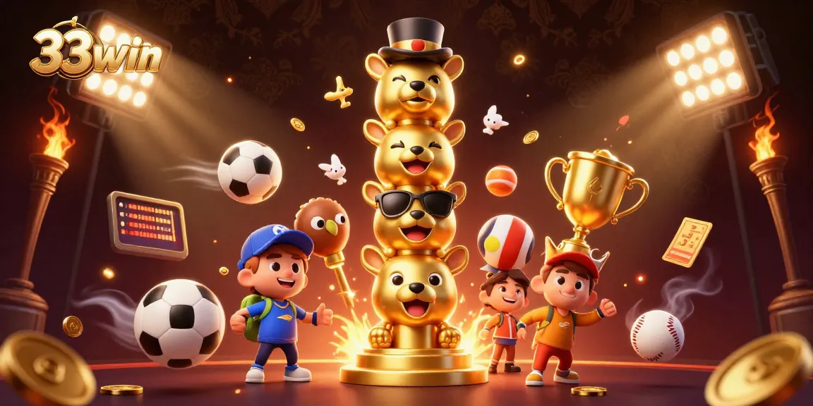 Experience the excitement of 33win with dynamic sports elements and golden casino accessories.