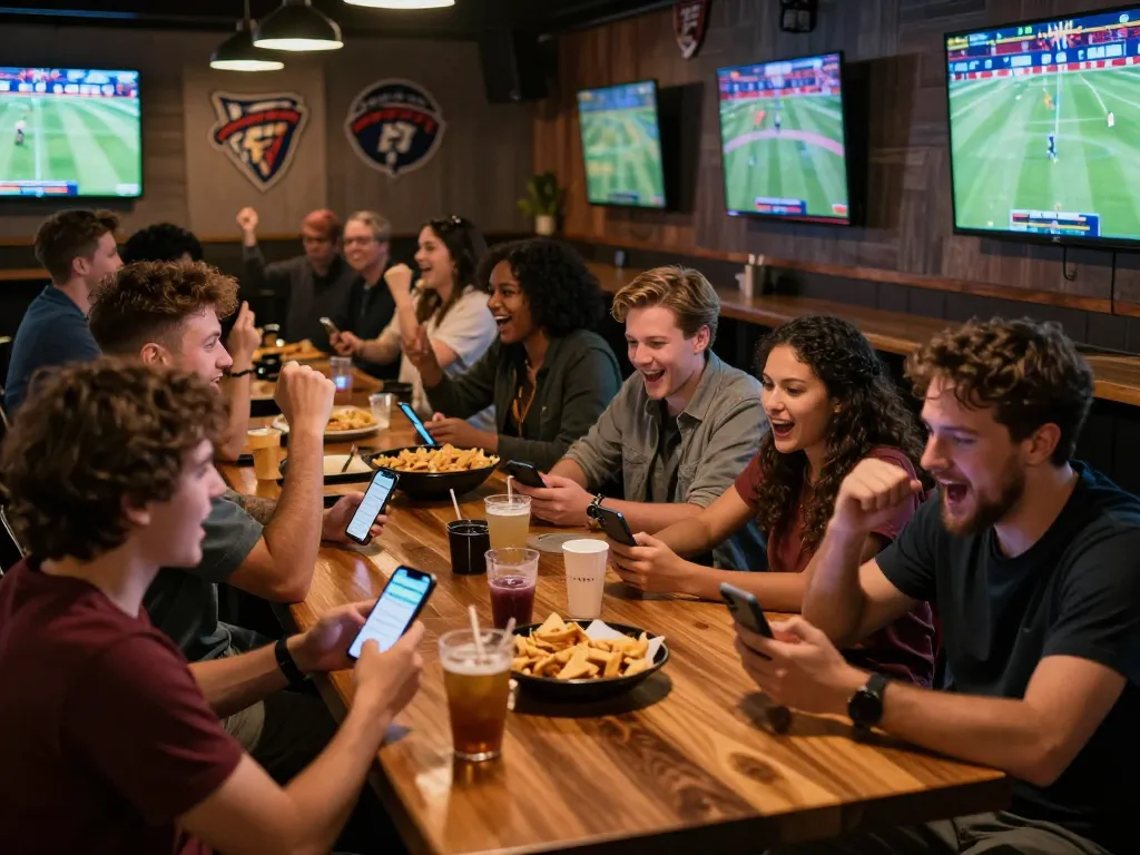 Friends engaging in sports betting at the sports bar while using the 32win app for live updates