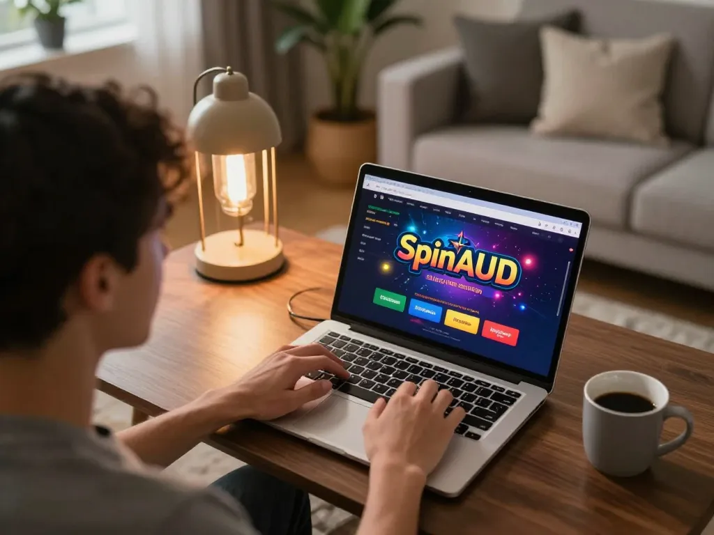 Spin AUD online casino gaming scene with player focused on laptop, showcasing vibrant interface and warm ambiance.