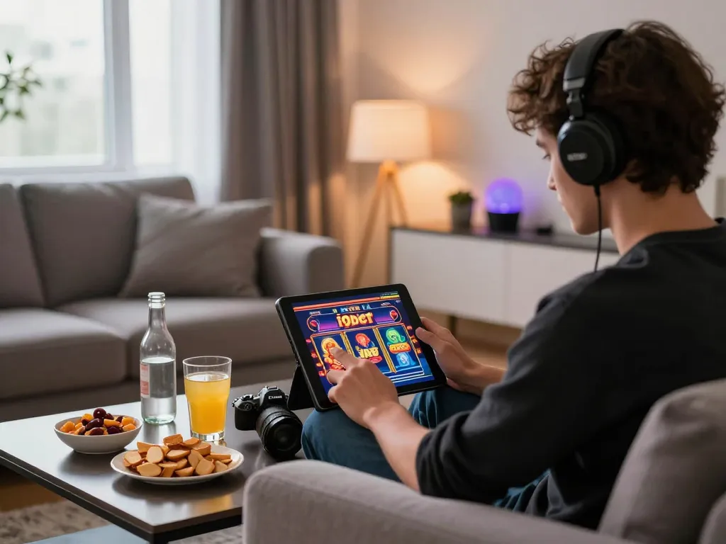 An individual enjoys playing slots on i9bet in a cozy living room, surrounded by snacks and a tablet interface showing winning options.