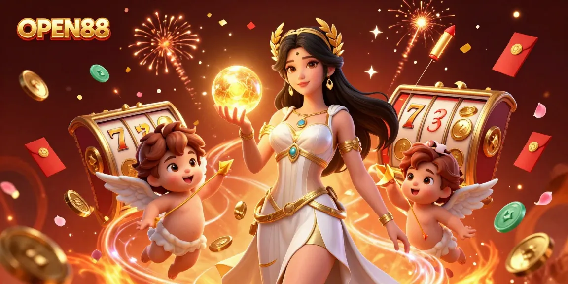 Bet and win big at OPEN88 with a vibrant 3D casino scene featuring a Grecian goddess and lucky symbols.