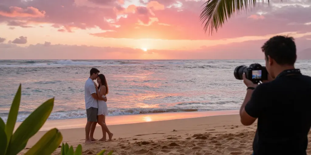 Engagement photographer Oahu capturing a couple at sunset on the beach.