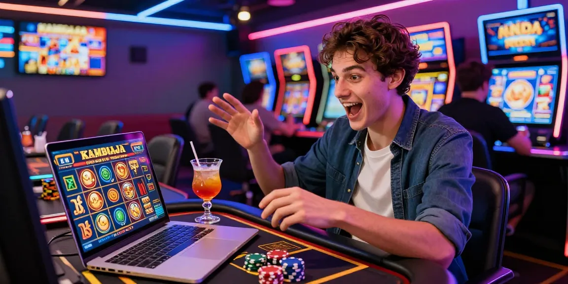 Kamboja slot gaming experience in a vibrant online casino with a stylish player enjoying digital slots and cocktails.