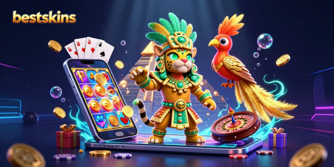 bestskins showcases a vibrant 3D scene featuring a Mayan priest and slot game elements, emphasizing dynamic casino action