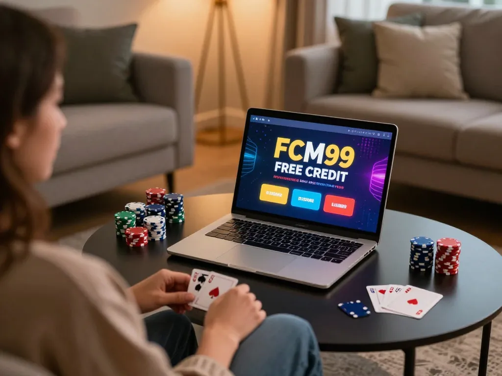 Engaging gaming session showcasing FCM99 free credit promotions on laptop screen during cozy home setup