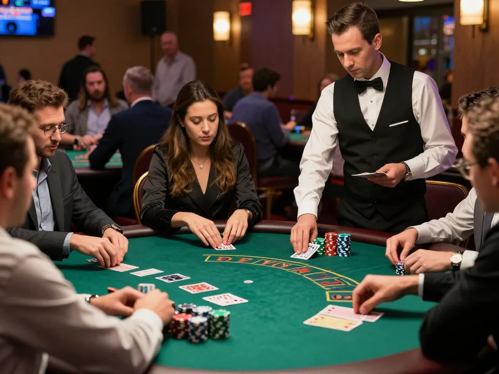 TG88 players strategically analyze their hands at an upscale blackjack table in a vibrant casino atmosphere.
