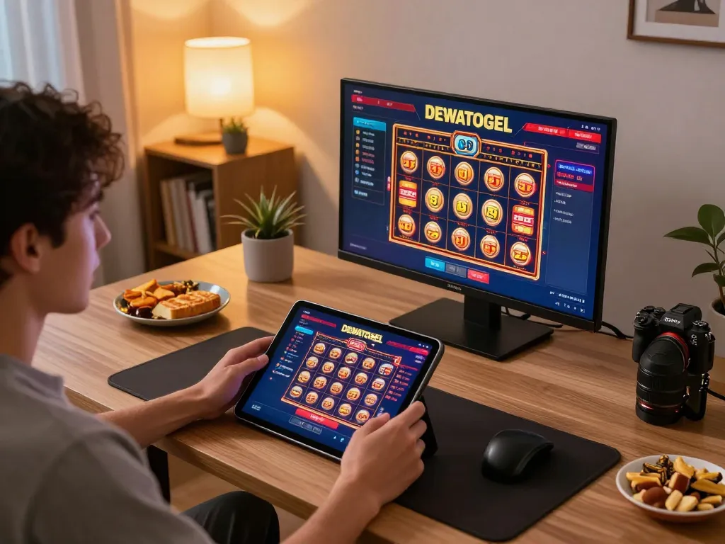 DEWATOGEL user engaging with online casino slots at home, showcasing interactive gaming experience.