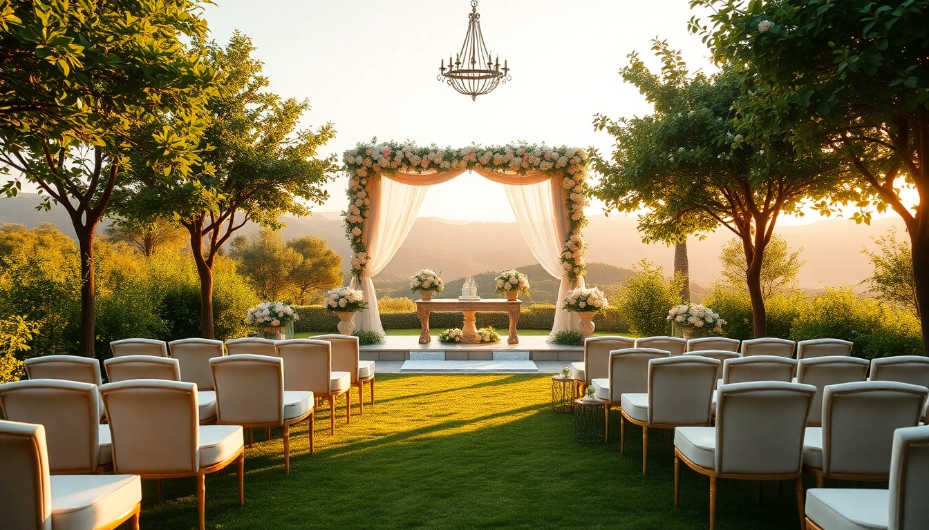 Traumhafte hochzeit location mit wunderschönem Blumenarrangement im Freien.
