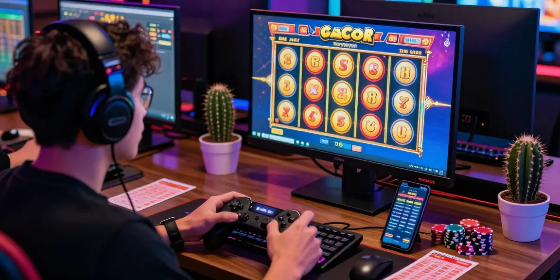 Engaged player enjoying a slot gacor game at a vibrant gaming desk.
