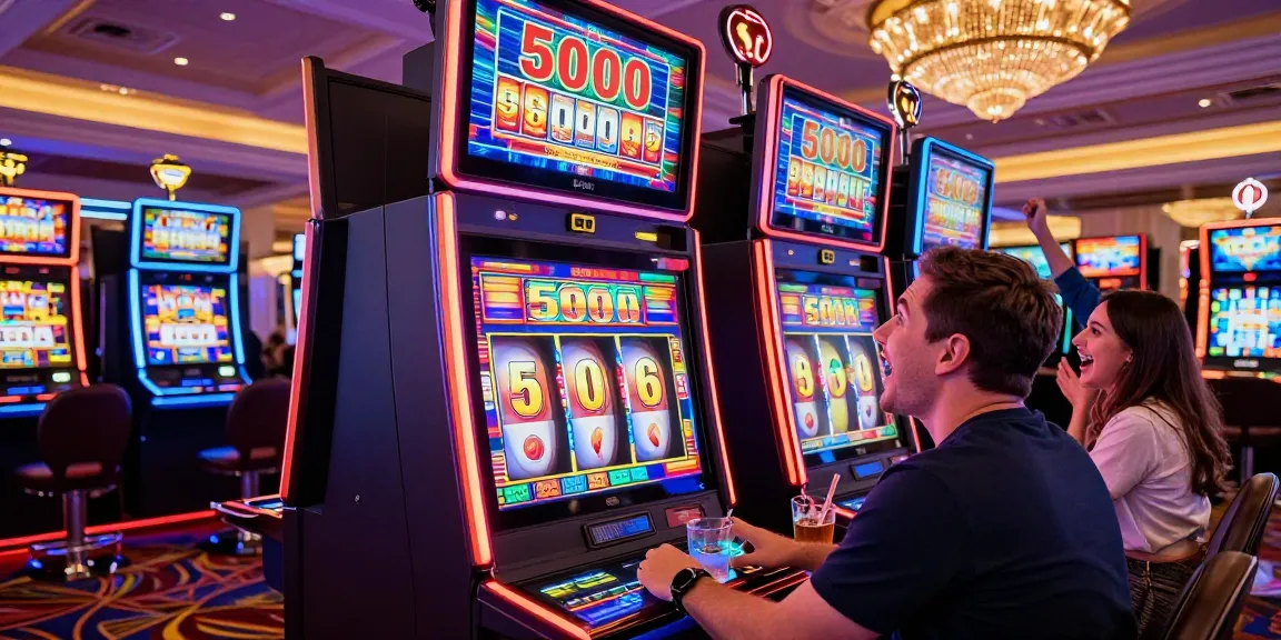Player engaging at slot 5000 machine, surrounded by casino lights and cheering friends