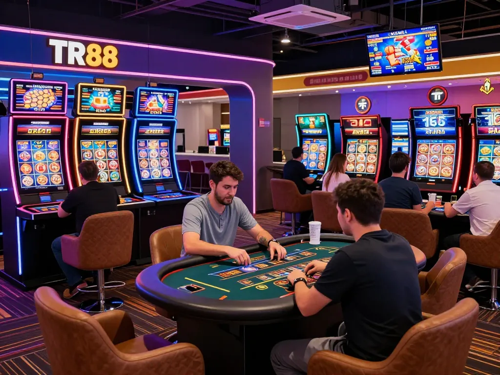 TR88 online betting players enjoying casino games in a vibrant digital environment.