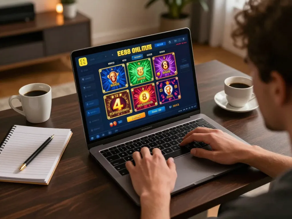 Player enjoying online gaming experience at EE88 with strategic notes and coffee.