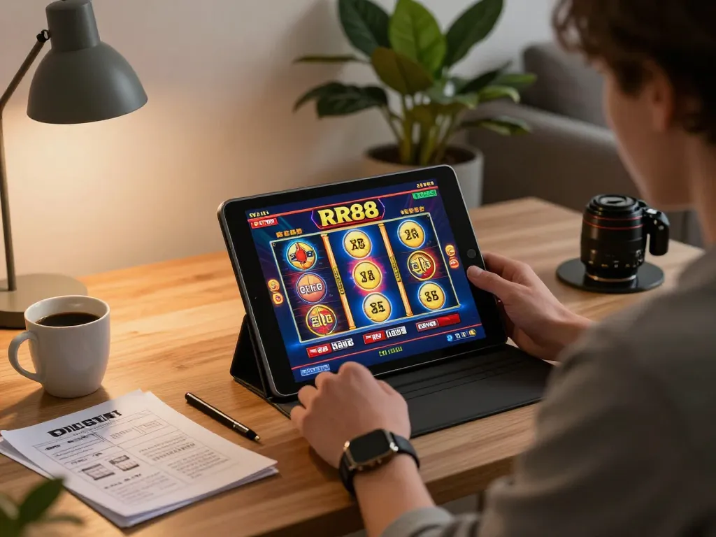 Engaging RR88 online gaming scene with a player using a tablet in a cozy setting
