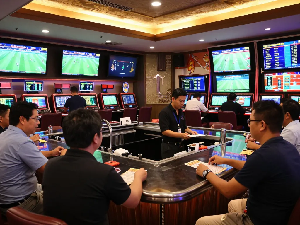 Kèo nhà cái action at a lively sports betting area with bettors engaged in live matches.