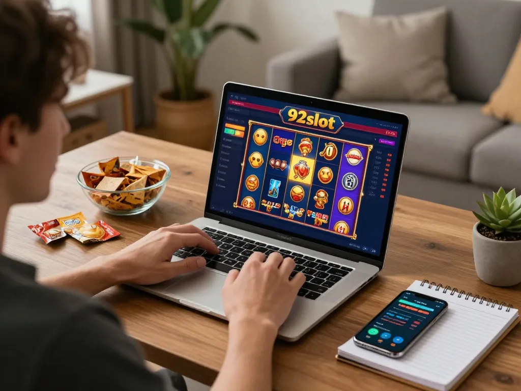 Engaging gameplay at home with 92slot online slots displayed on the laptop.