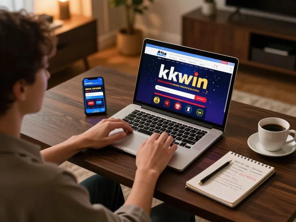 A player enjoying kkwin online casino on a laptop at home, focused on strategic betting.