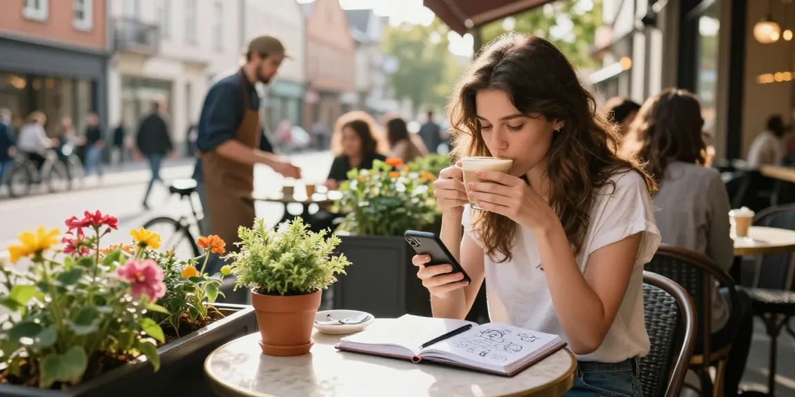 A young woman enjoying coffee and her crush on a sunny café patio