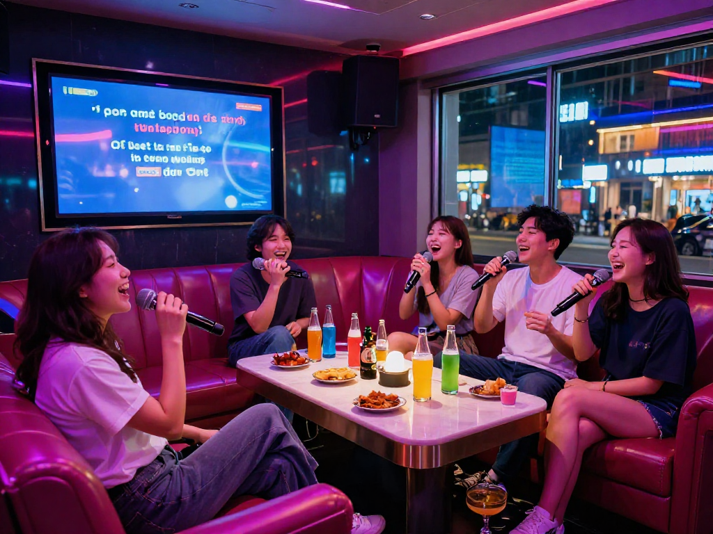 디저트 가라오케에서 친구들과 함께 즐거운 시간을 보내는 모습, 화려한 조명이 어우러진 카라오케 룸