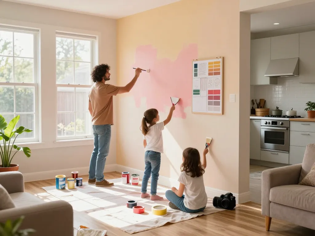 Home renovation project with a family painting a room, showcasing warmth and collaboration.