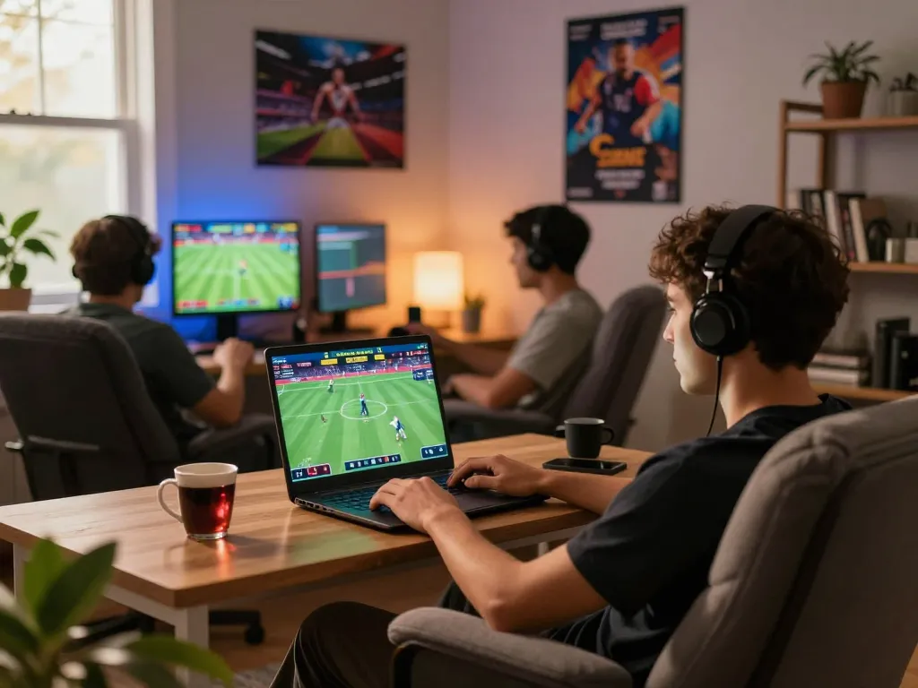 Engaged user exploring online sports betting on OKWIN TV, showcasing action and excitement