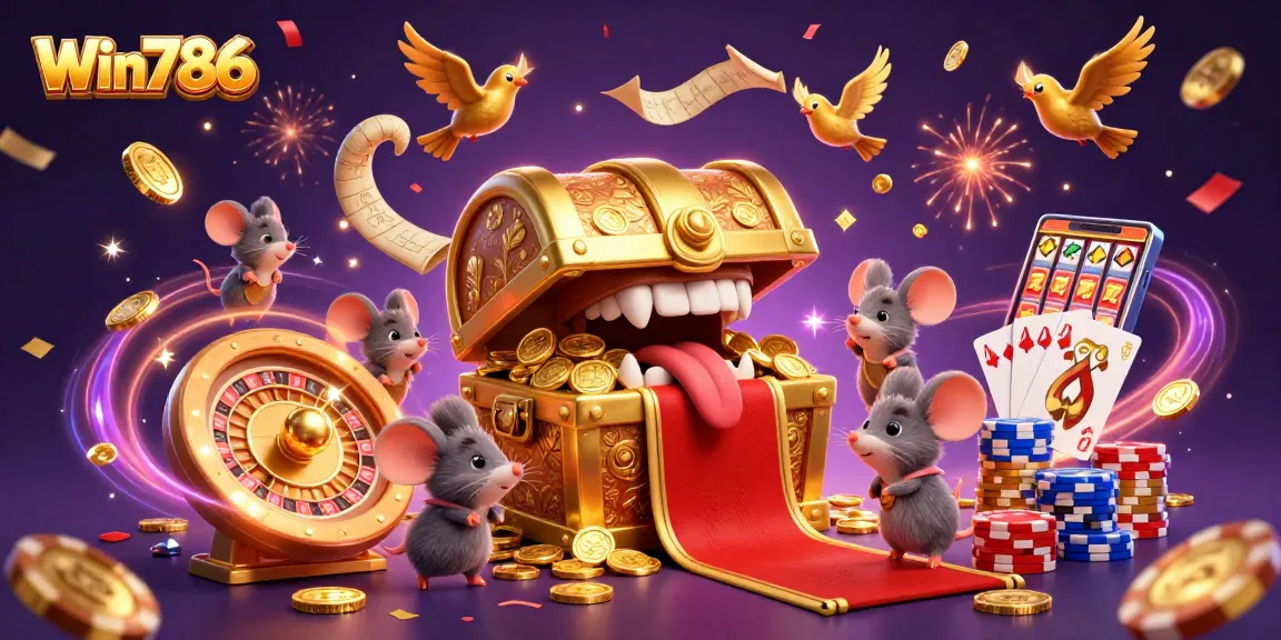Win786 welcomes adventurers with riches and excitement in vibrant casino-themed illustration.