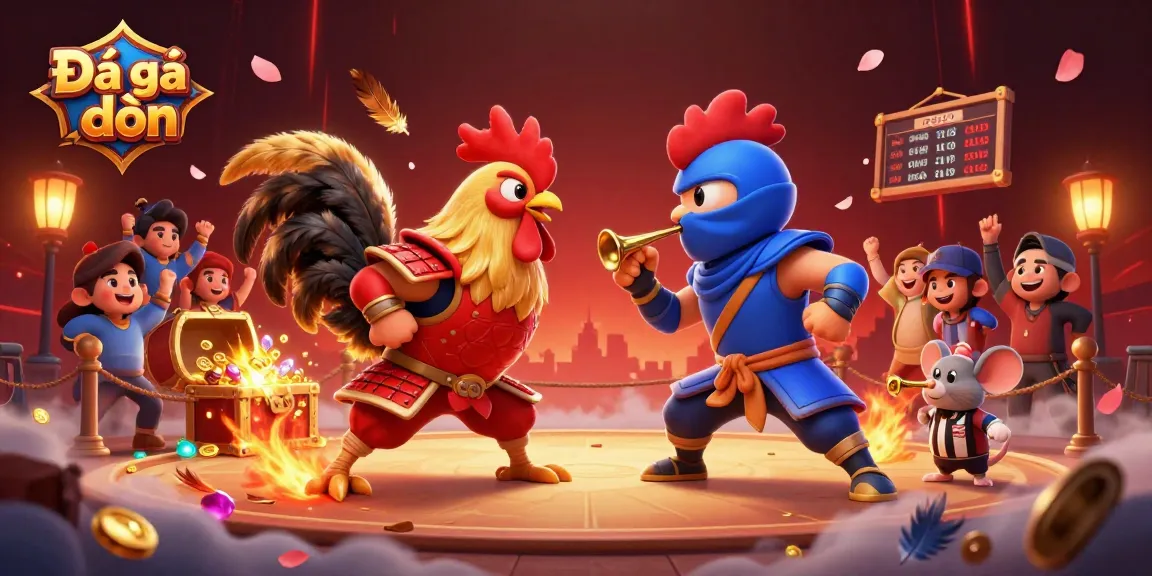 Đá gà đòn showdown featuring fighting roosters and vibrant decor in a competitive gambling arena.