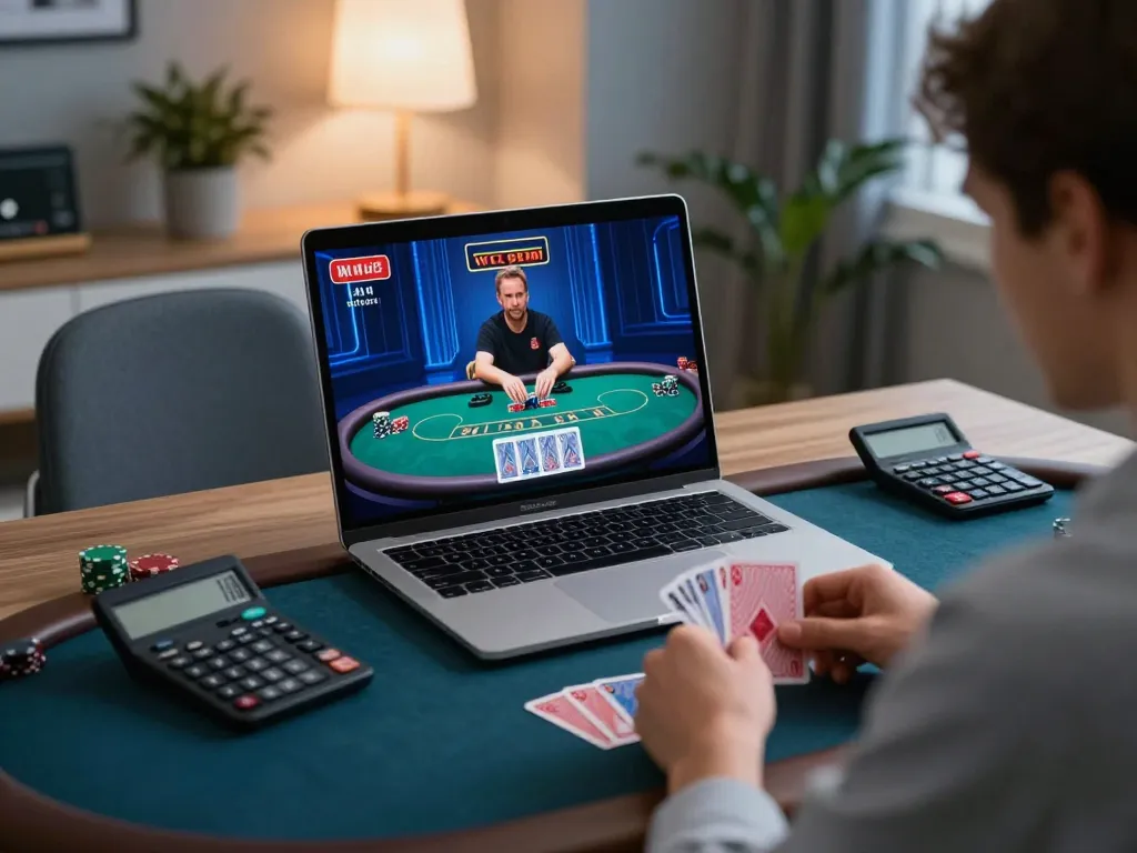 Engaged player analyzing poker strategy on laptop screen, showcasing rr 88's online gaming environment