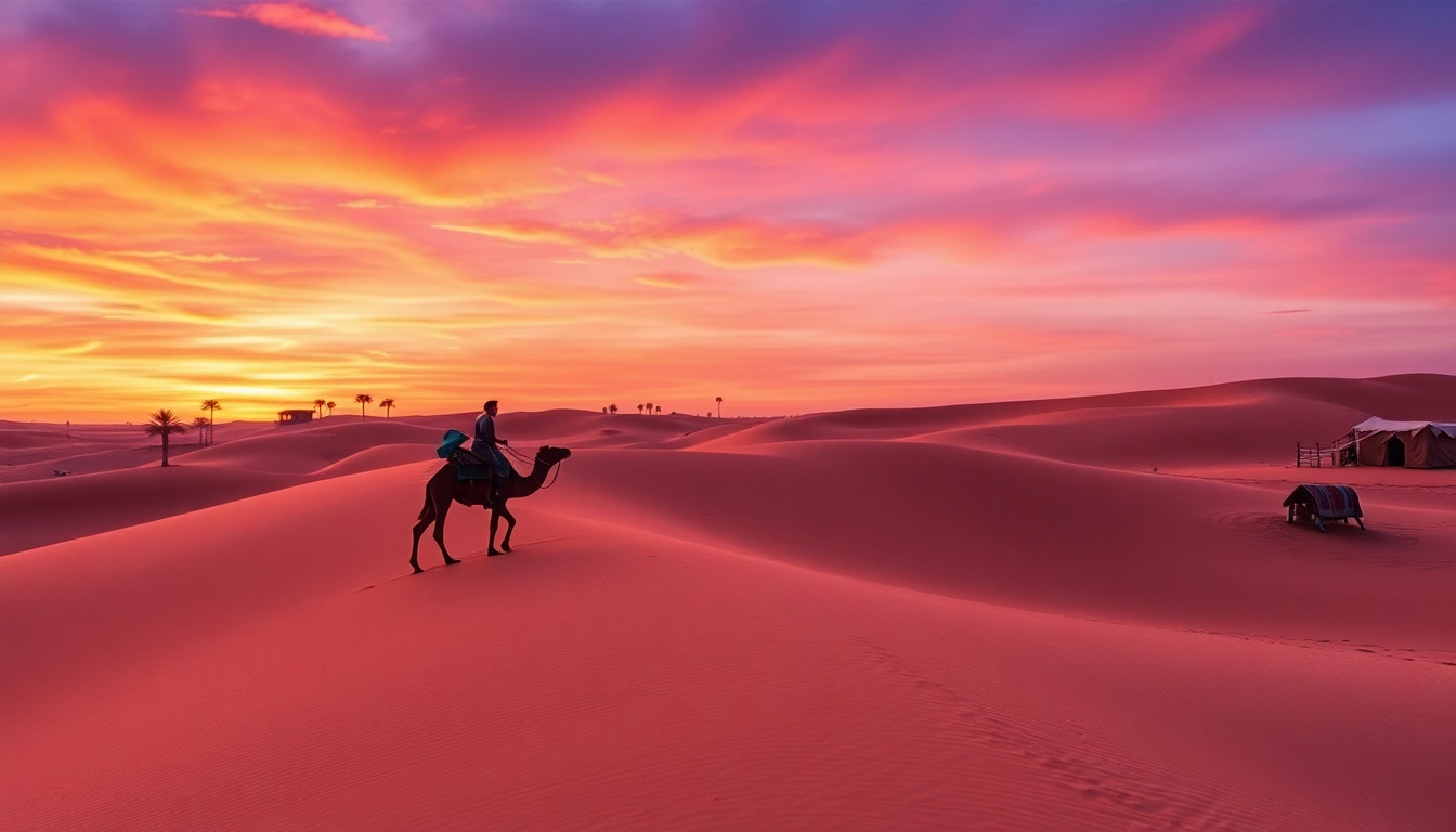 Agafay Desert camel ride at sunset showcasing vibrant dunes and a Berber tent.