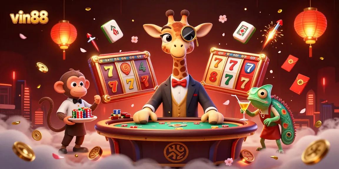 Spin to win at vin88 with a high-roller giraffe and vibrant casino elements.