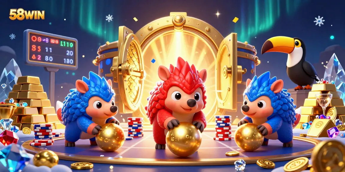 Experience the excitement of 58WIN with rival pangolins bowling through poker chips in a vibrant 3D casino scene.