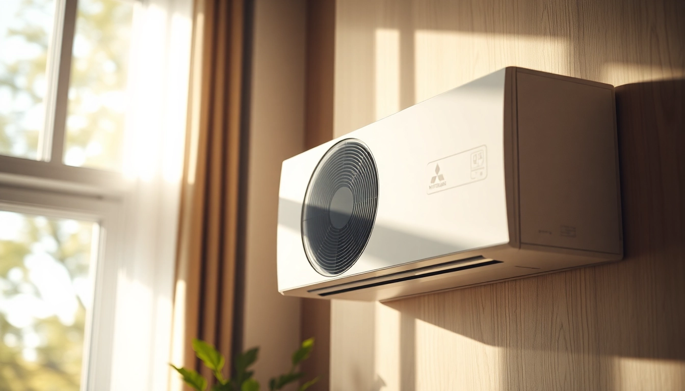 Efficient Mitsubishi mini split ac in a modern living room highlighting its sleek design.