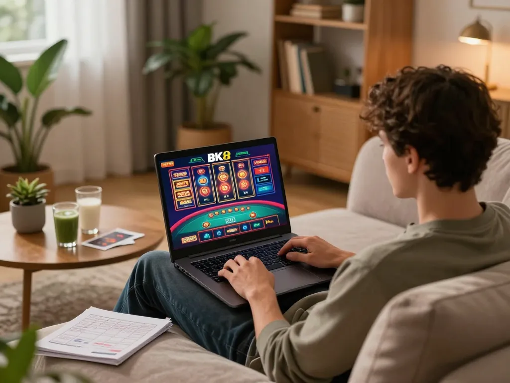 Player engaging in online gambling at BK8 with lively gaming screens and strategy notes in a cozy setting.