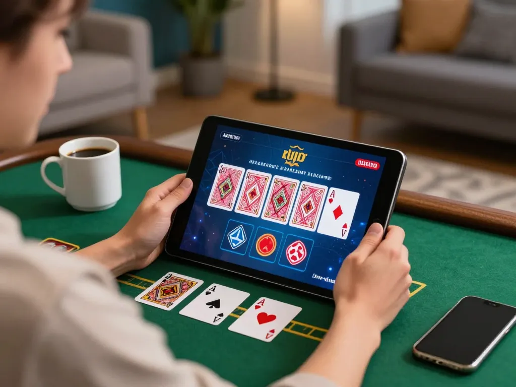 Engaging with gem88 online blackjack on a tablet amidst a cozy home setup.
