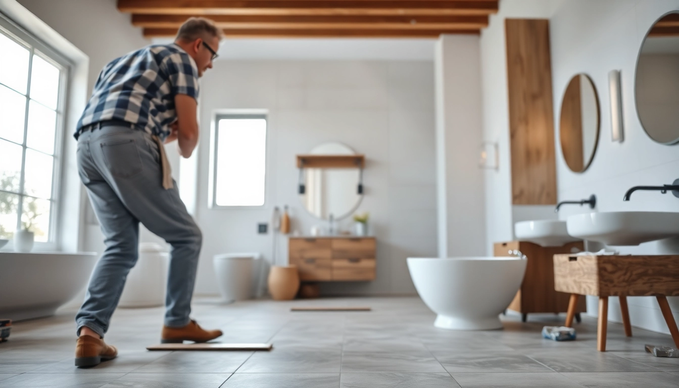 Skilled bathroom contractors near me renovating a modern bathroom with natural light and stylish fixtures.