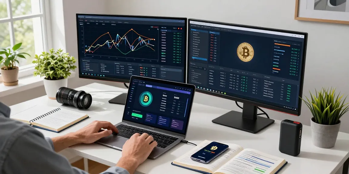 Bitcoin mining analytics displayed on dual monitors in a modern crypto trading setup