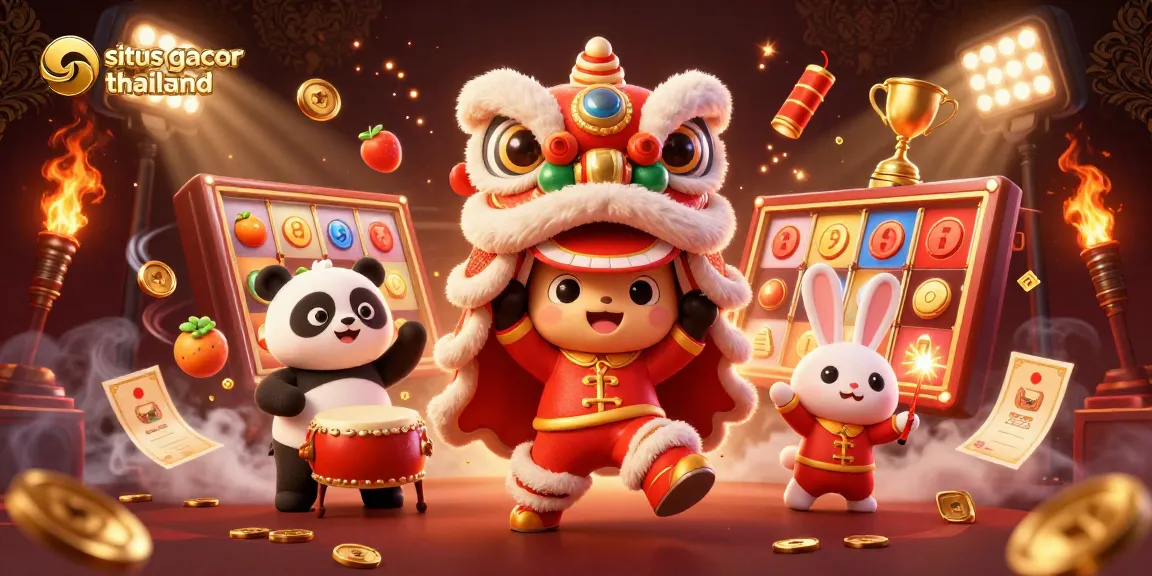Experience thrilling wins at situs gacor thailand with a colorful lion dance and exciting jackpot symbols.