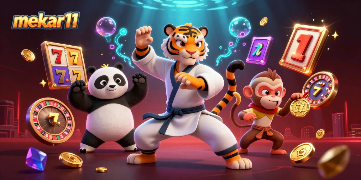 Mekar11 elevates your winning chances with a vibrant casino scene featuring kung fu elements and gambling excitement.