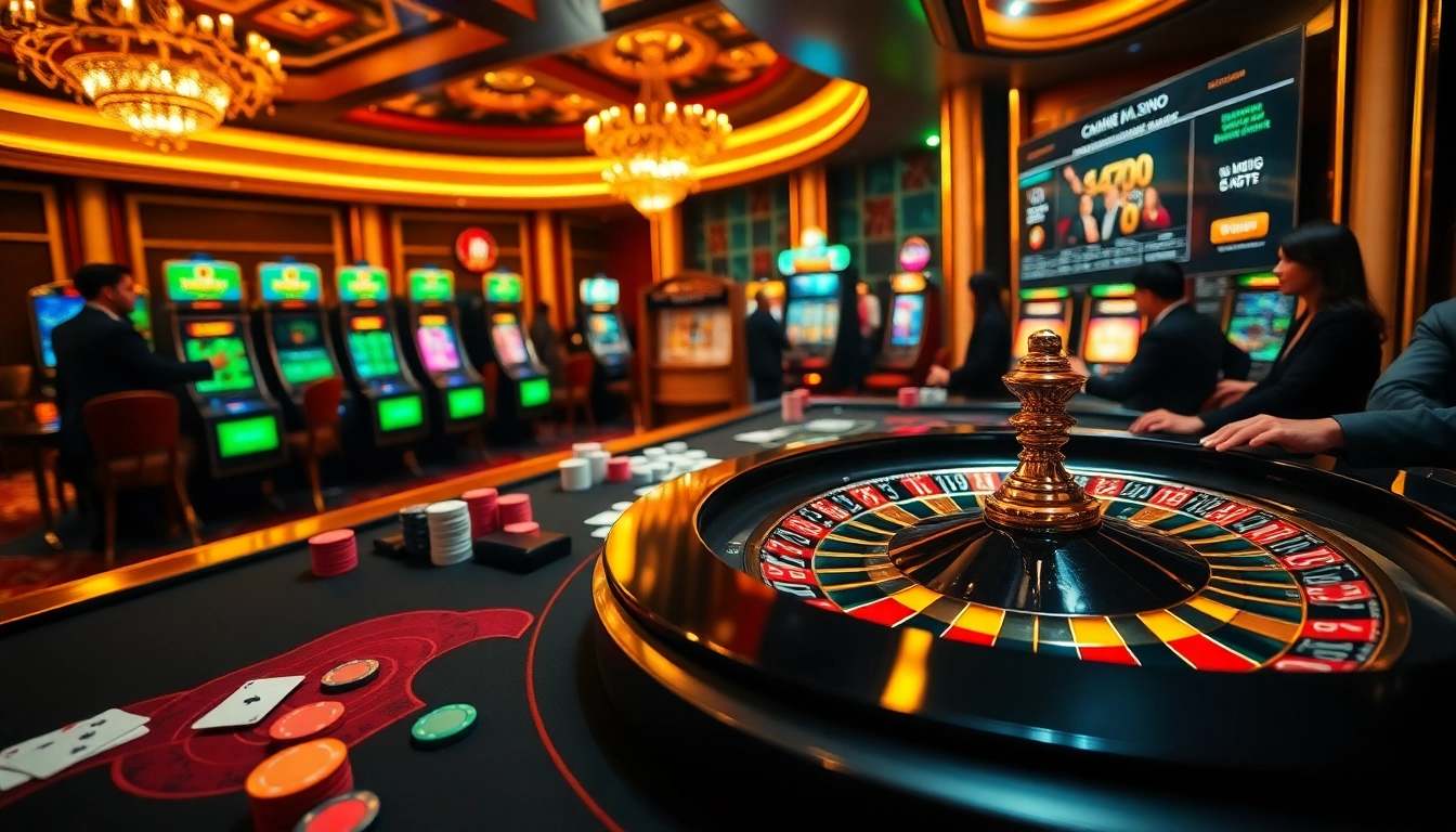 Scène engageante de joueurs profitant des jeux à une table de casino en ligne, mettant en valeur des jetons de poker vibrants et une roue de roulette.