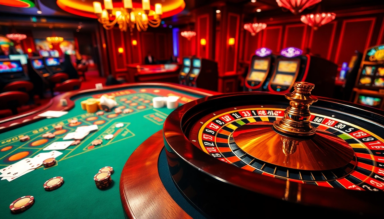 Experience the excitement of j88.gives with a vibrant casino scene featuring a roulette wheel and engaged players.
