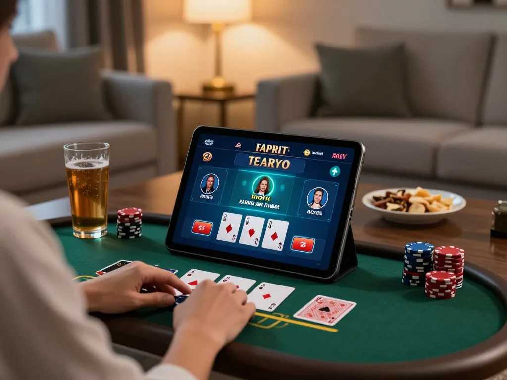 Engaging online casino experience with hitclub4 player managing live blackjack game strategy on tablet in cozy setting.