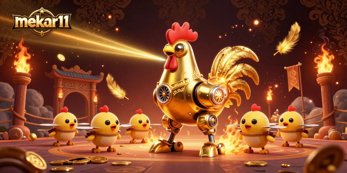 Mekar11 showcases a dynamic 3D illustration featuring a golden rooster robot engaging in cockfighting amidst glowing betting tokens.