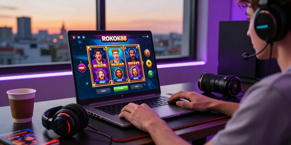 Engaged user playing rokok88 online slots with vibrant graphics in a modern home gaming setup.
