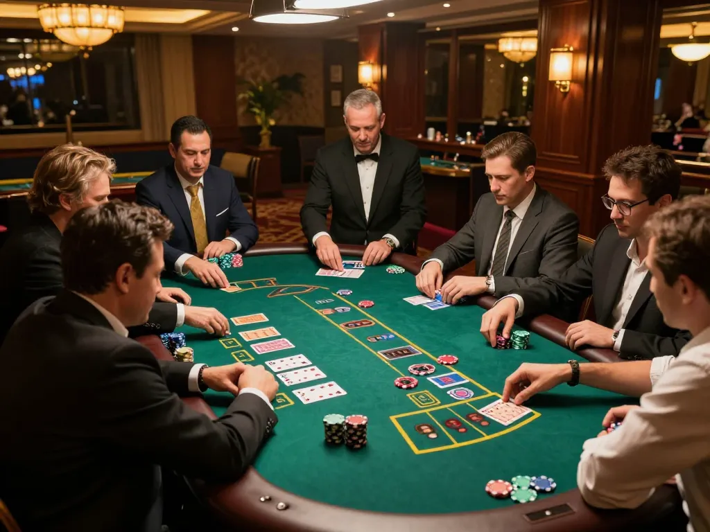 Players strategizing their blackjack hands at a lavish casino, showcasing vipwin moments of excitement and betting
