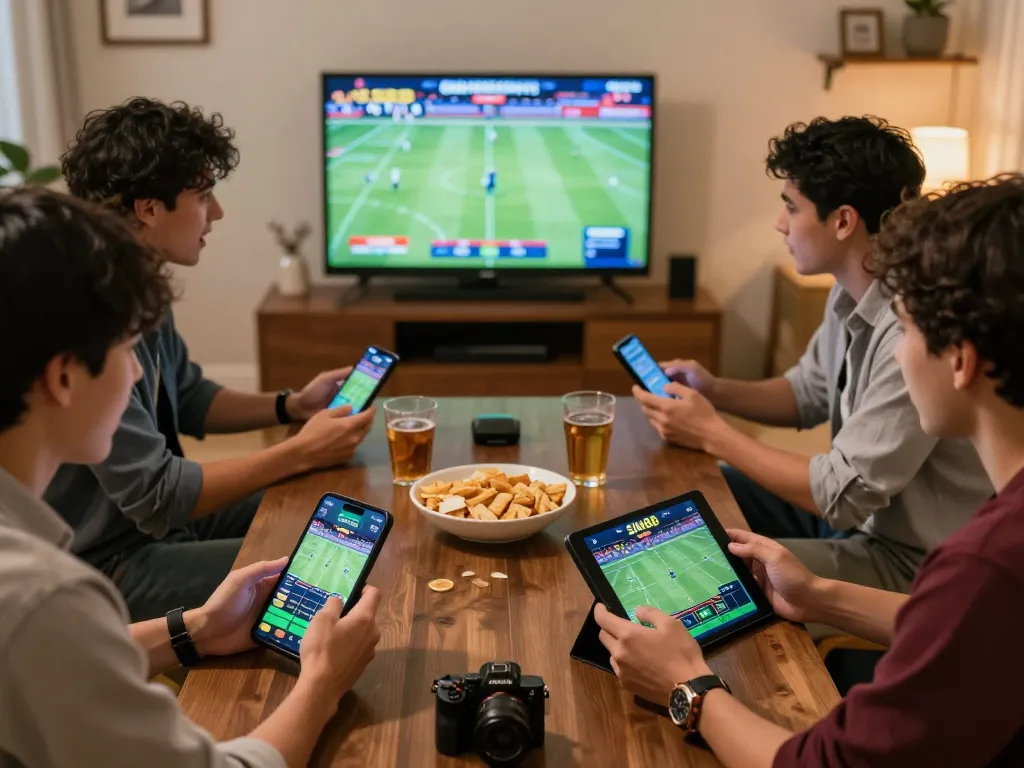 SIN88 platform being used for dynamic sports betting among friends in an engaging home setting.