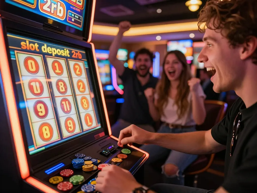 Player celebrating a win at a "slot deposit 2rb" machine in a vibrant casino setting.